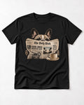 Frenchie Good Dogs Brighter Days Newspaper Graphic T-Shirt in Black, flat lay product photo