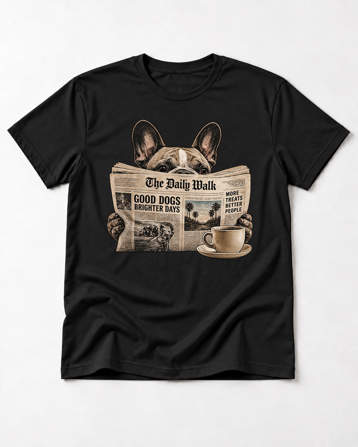 Frenchie Good Dogs Brighter Days Newspaper Graphic T-Shirt in Black, flat lay product photo