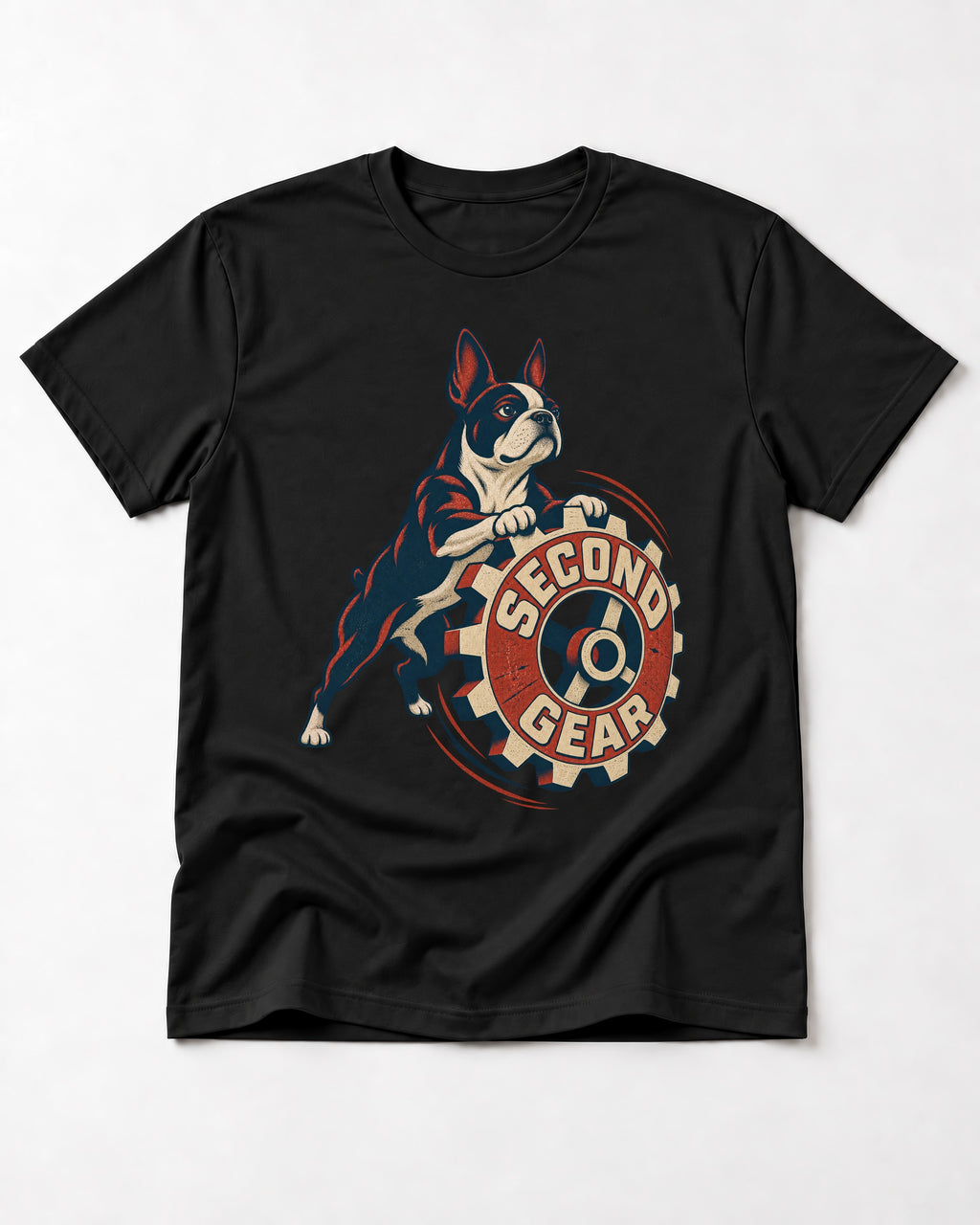 Second Gear Boston Terrier Graphic T-Shirt in Black, flat lay product photo