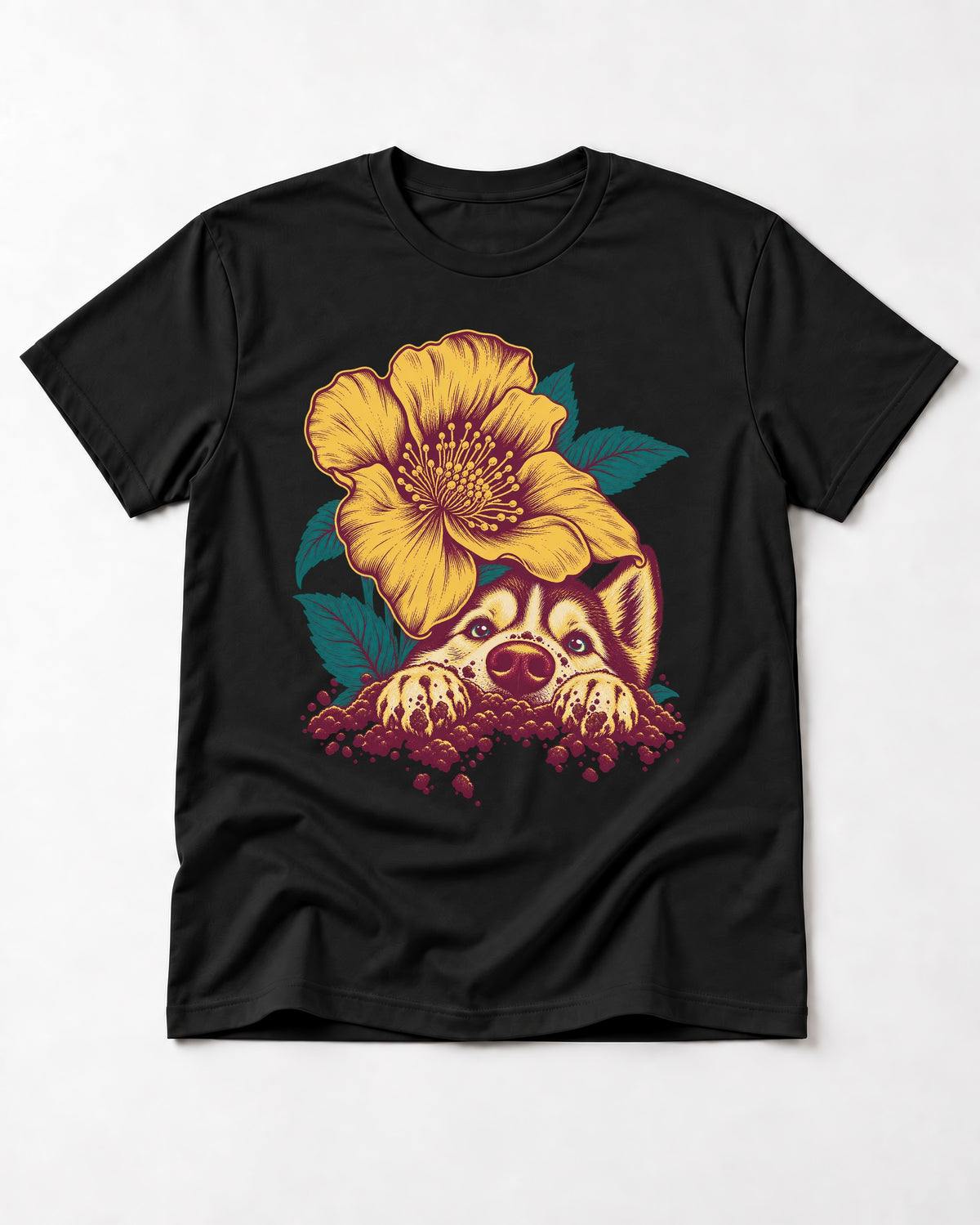 Husky Flower Witness Peeking Floral Graphic T-Shirt in Black, flat lay product photo