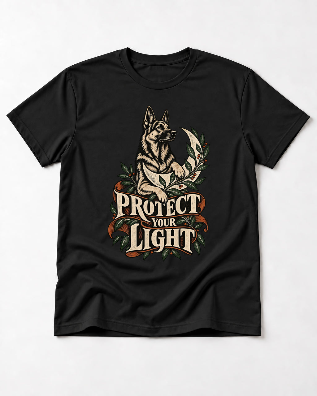 Protect Your Light Moon Botanical German Shepherd Dog Graphic T-Shirt in Black, flat lay product photo