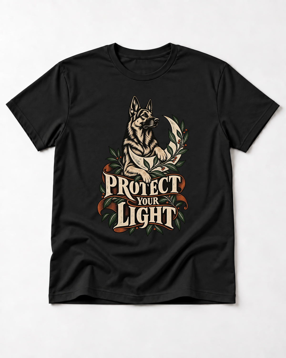 Protect Your Light Moon Botanical German Shepherd Dog Graphic T-Shirt in Black, flat lay product photo