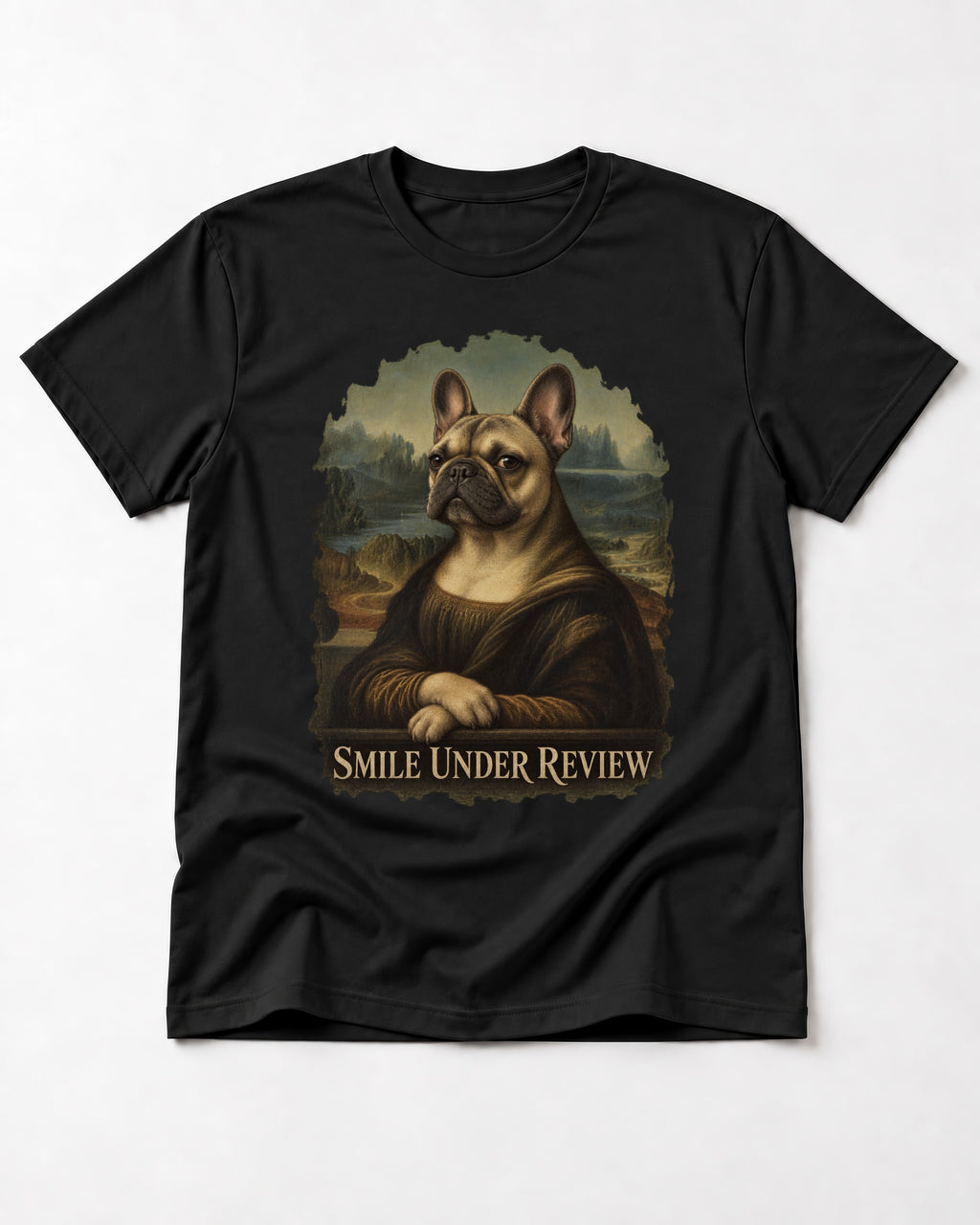 Frenchie Smile Under Review Renaissance Portrait T-Shirt in Black, flat lay product photo