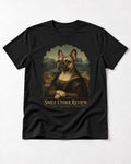 Frenchie Smile Under Review Renaissance Portrait T-Shirt in Black, flat lay product photo