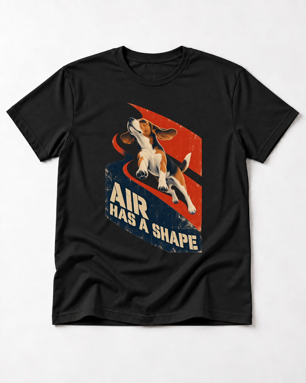 Air Has A Shape Beagle Jumping Graphic T-Shirt in Black, flat lay product photo
