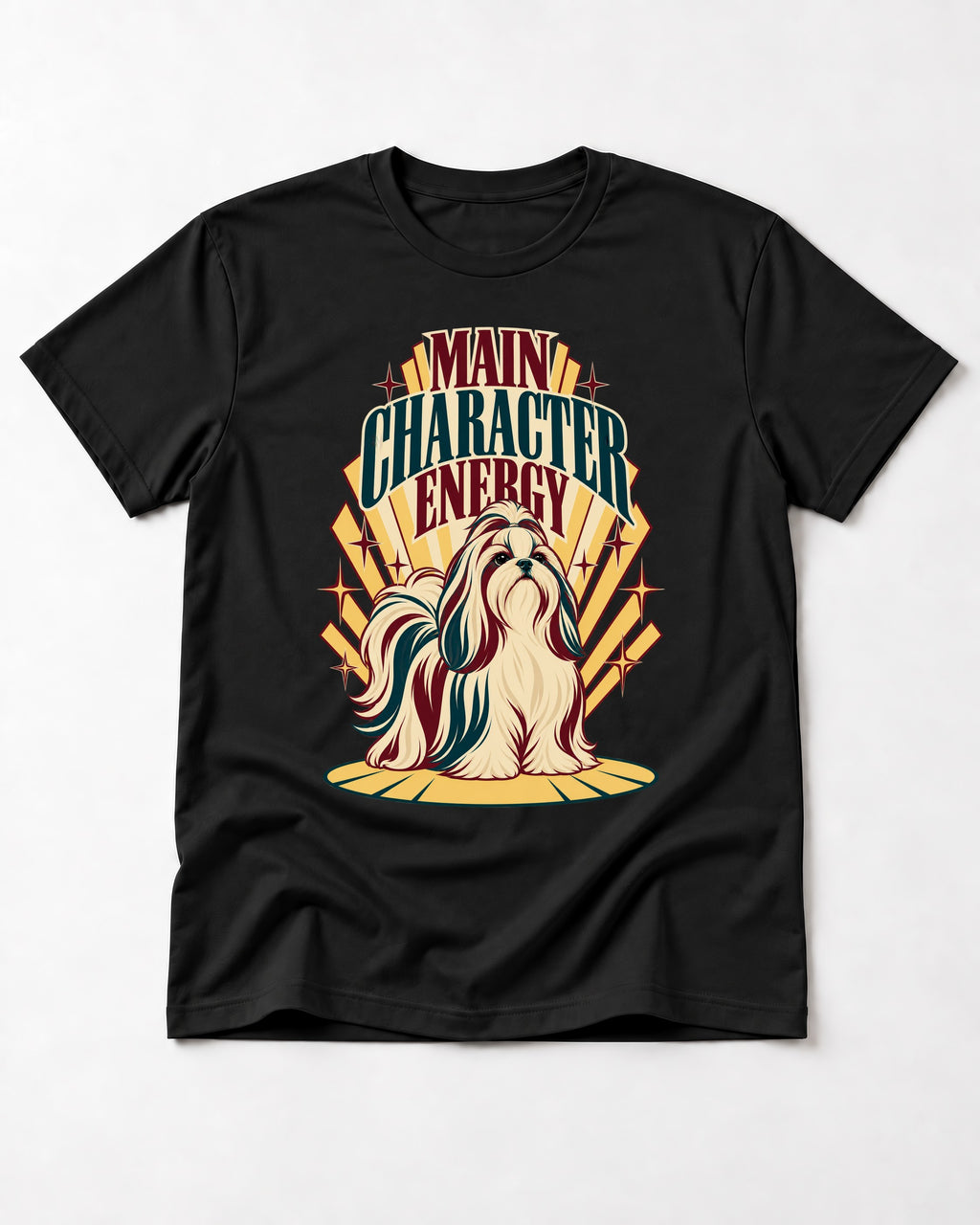 Shih Tzu Main Character Energy Art Deco Graphic T-Shirt in Black, flat lay product photo