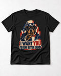 Rottweiler I Want You to Bring Better Energy Recruitment Poster Graphic T-Shirt in Black, flat lay product photo