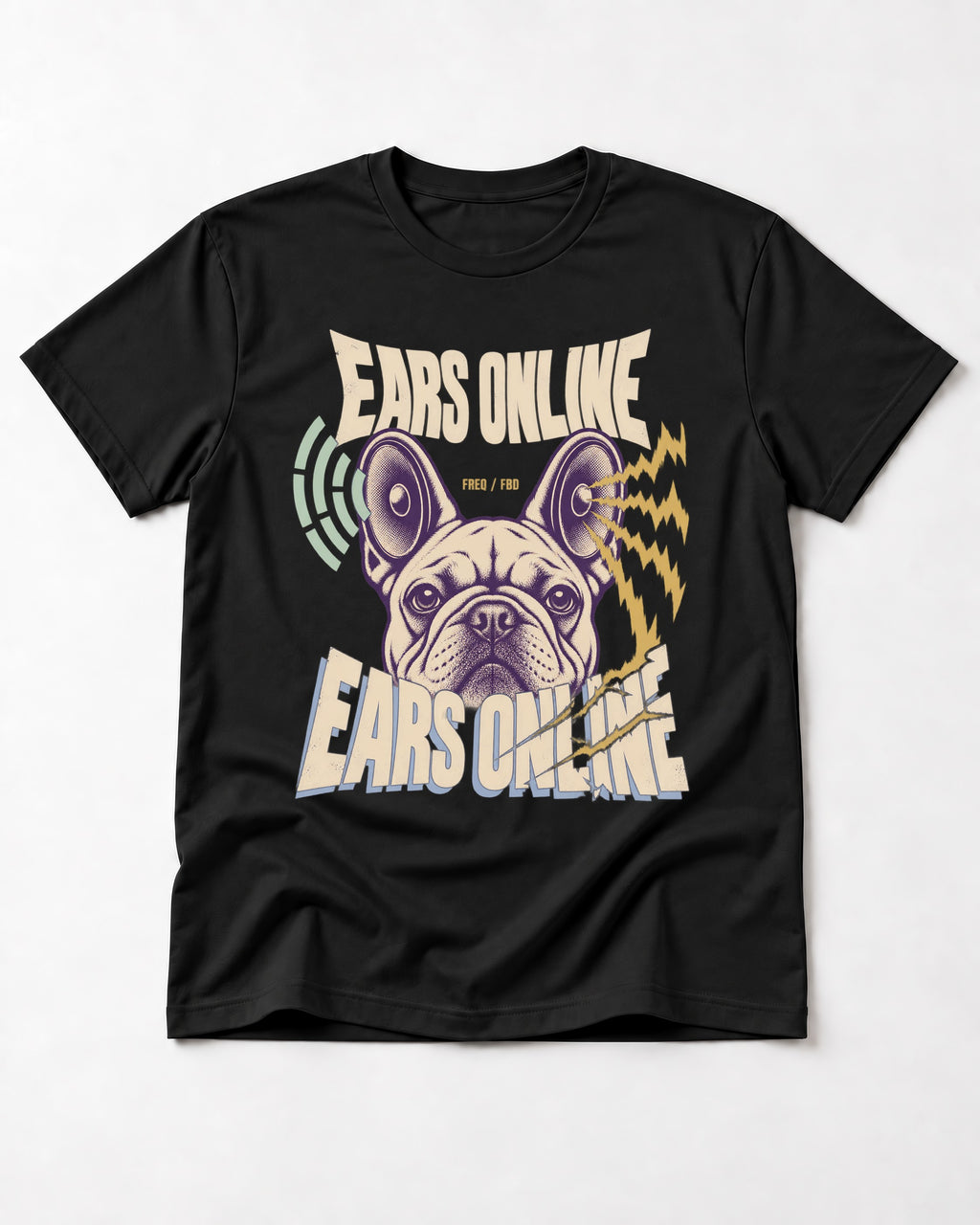 Frenchie Ears Online Audio Signal Graphic T-Shirt in Black, flat lay product photo