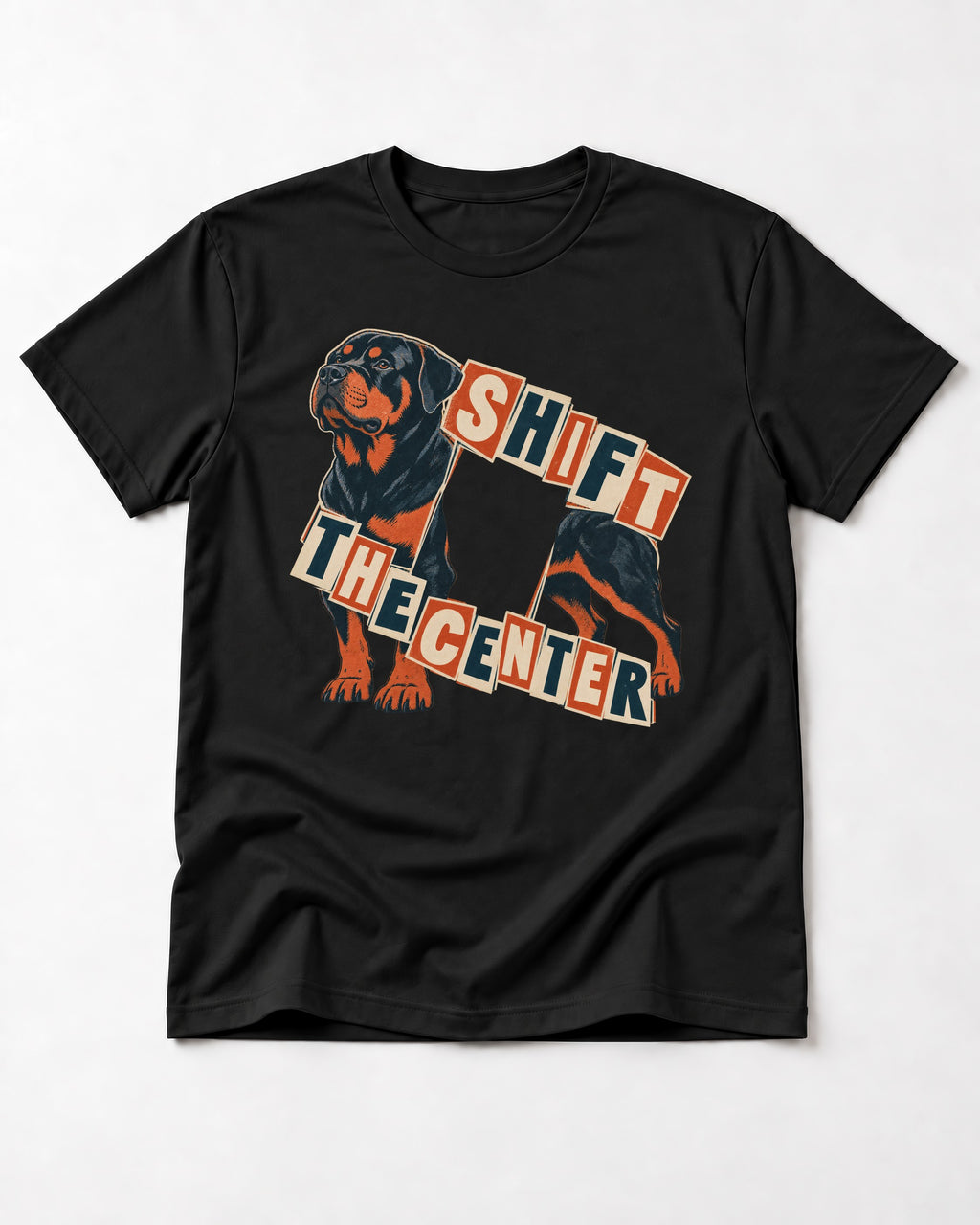 Rottweiler Shift the Center Cutout Letter Graphic T-Shirt in Black, flat lay product photo