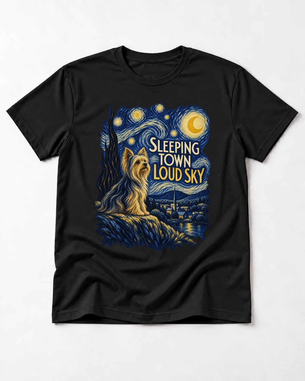 Yorkshire Terrier Sleeping Town Loud Sky Starry Night Graphic T-Shirt in Black, flat lay product photo