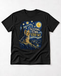 Yorkshire Terrier Sleeping Town Loud Sky Starry Night Graphic T-Shirt in Black, flat lay product photo