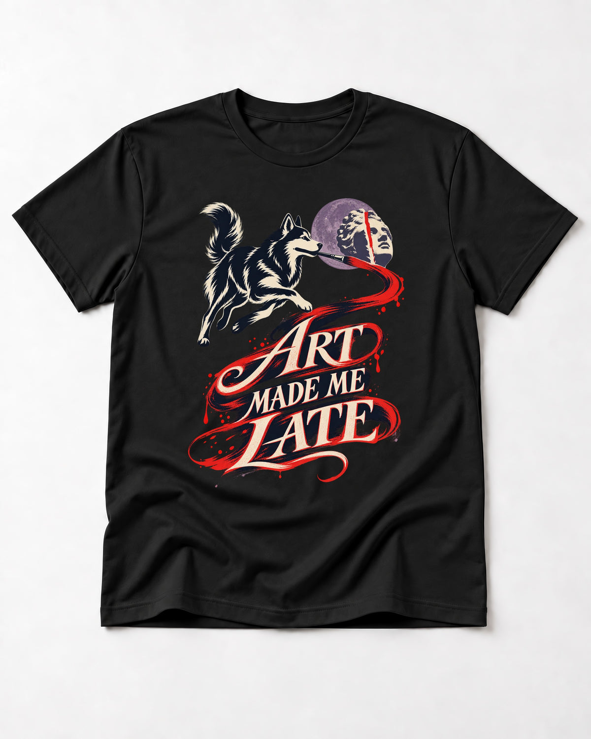 Husky Art Made Me Late Paintbrush Graphic T-Shirt in Black, flat lay product photo