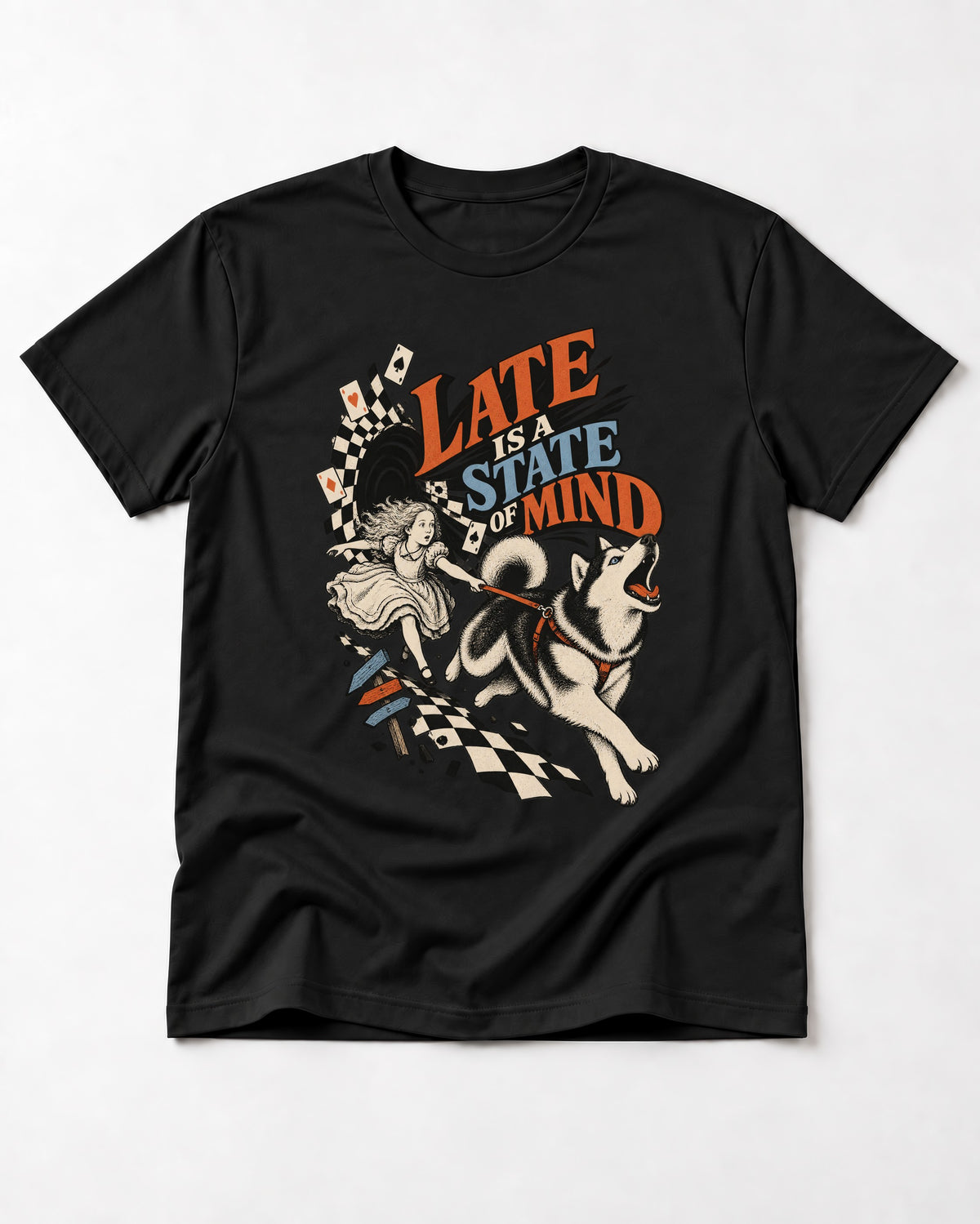 Husky Late Is a State of Mind Wonderland Chase Graphic T-Shirt in Black, flat lay product photo