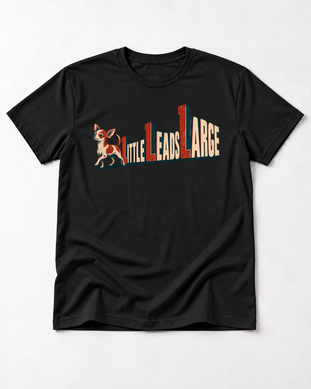 Chihuahua Little Leads Large Perspective Typography T-Shirt in Black, flat lay product photo