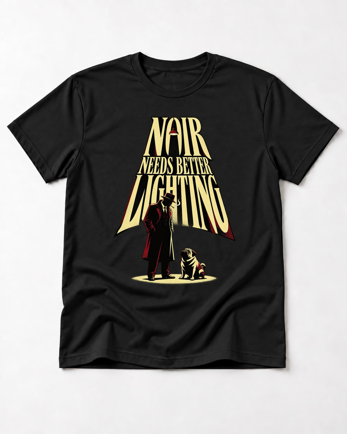 Pug Noir Needs Better Lighting Detective Graphic T-Shirt in Black, flat lay product photo
