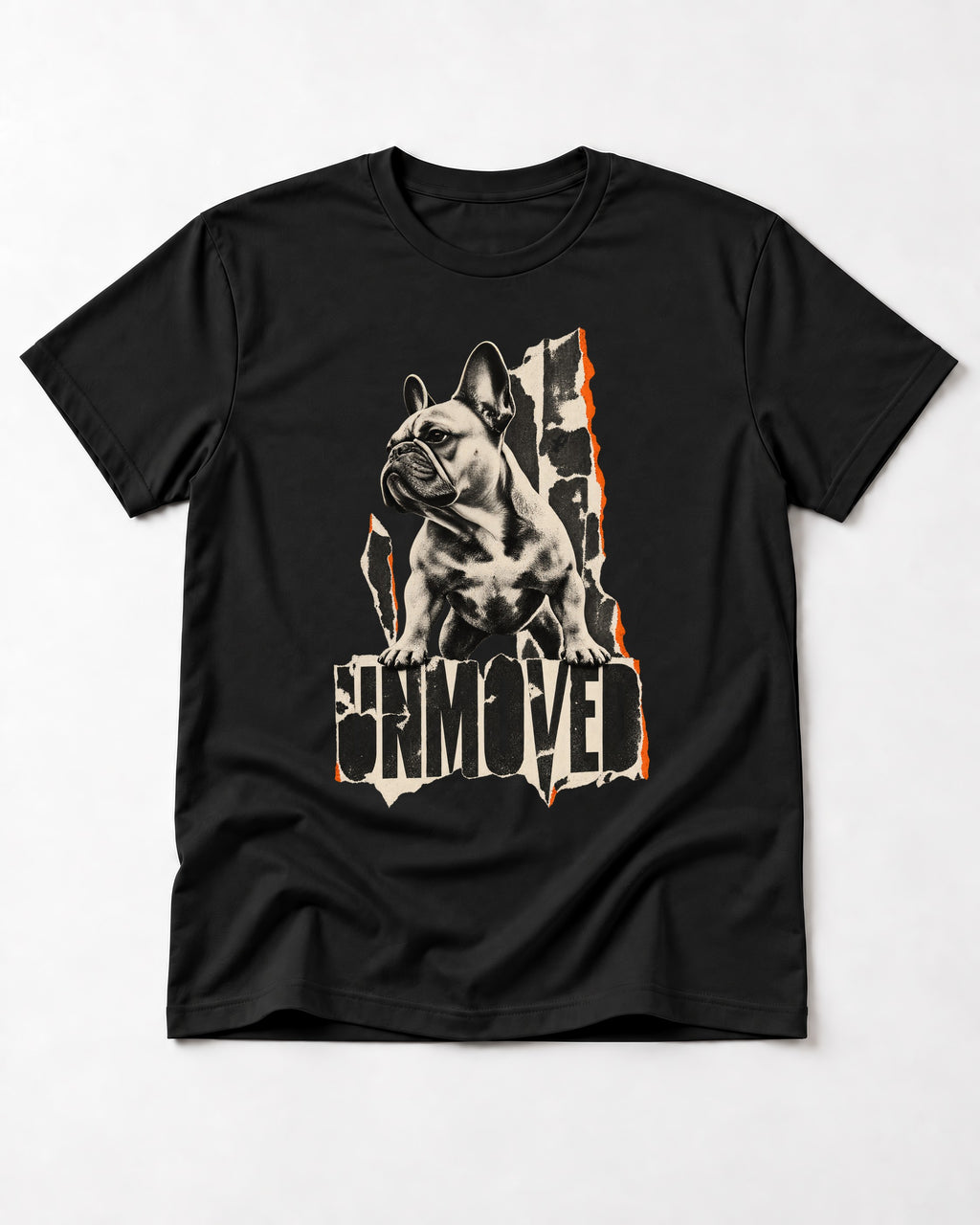 Frenchie Unmoved Torn Poster Graphic T-Shirt in Black, flat lay product photo
