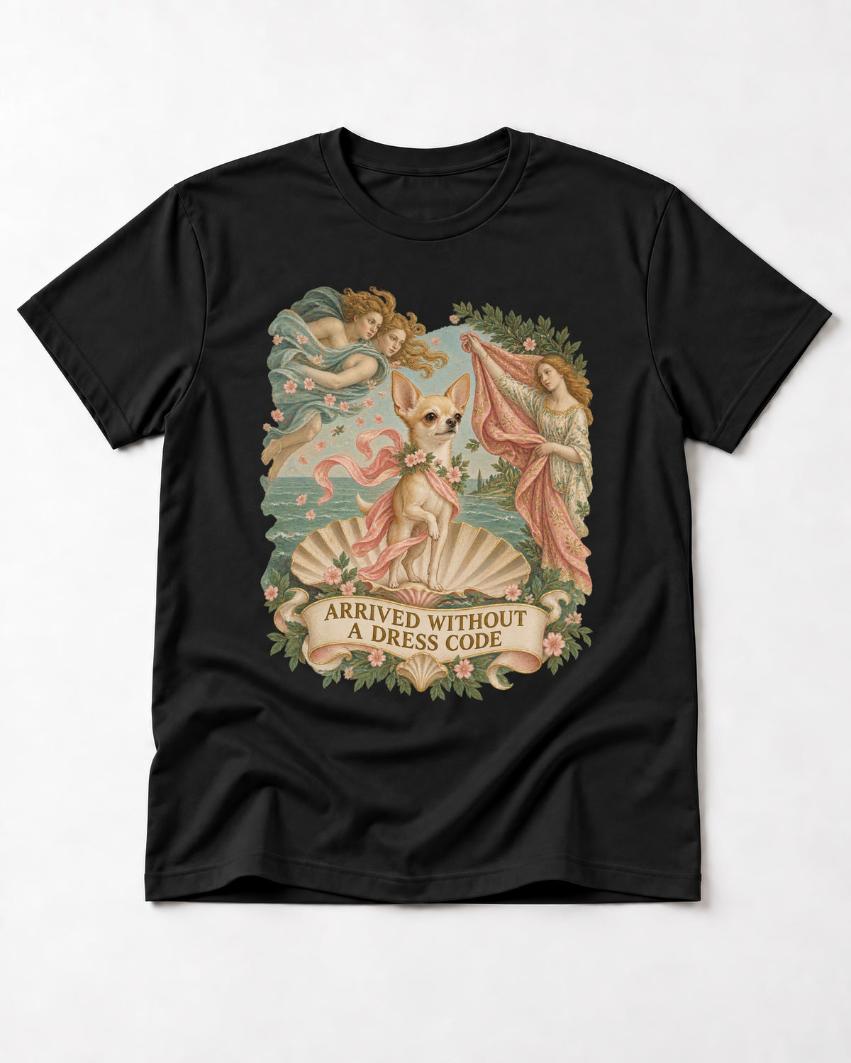 Chihuahua Arrived Without a Dress Code Classical Shell Scene T-Shirt in Black, flat lay product photo