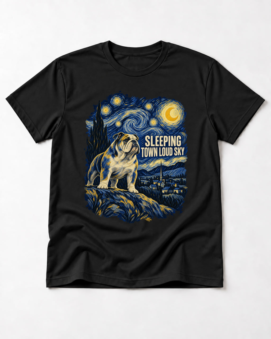 English Bulldog Sleeping Town Loud Sky Starry Night Graphic T-Shirt in Black, flat lay product photo