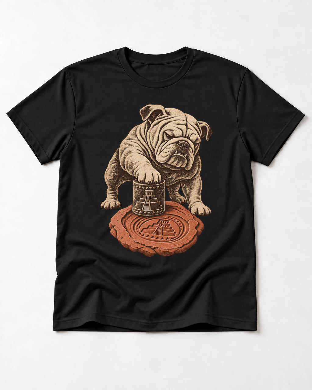 English Bulldog Ancient Cylinder Seal Graphic T-Shirt in Black, flat lay product photo