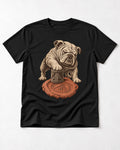 English Bulldog Ancient Cylinder Seal Graphic T-Shirt in Black, flat lay product photo