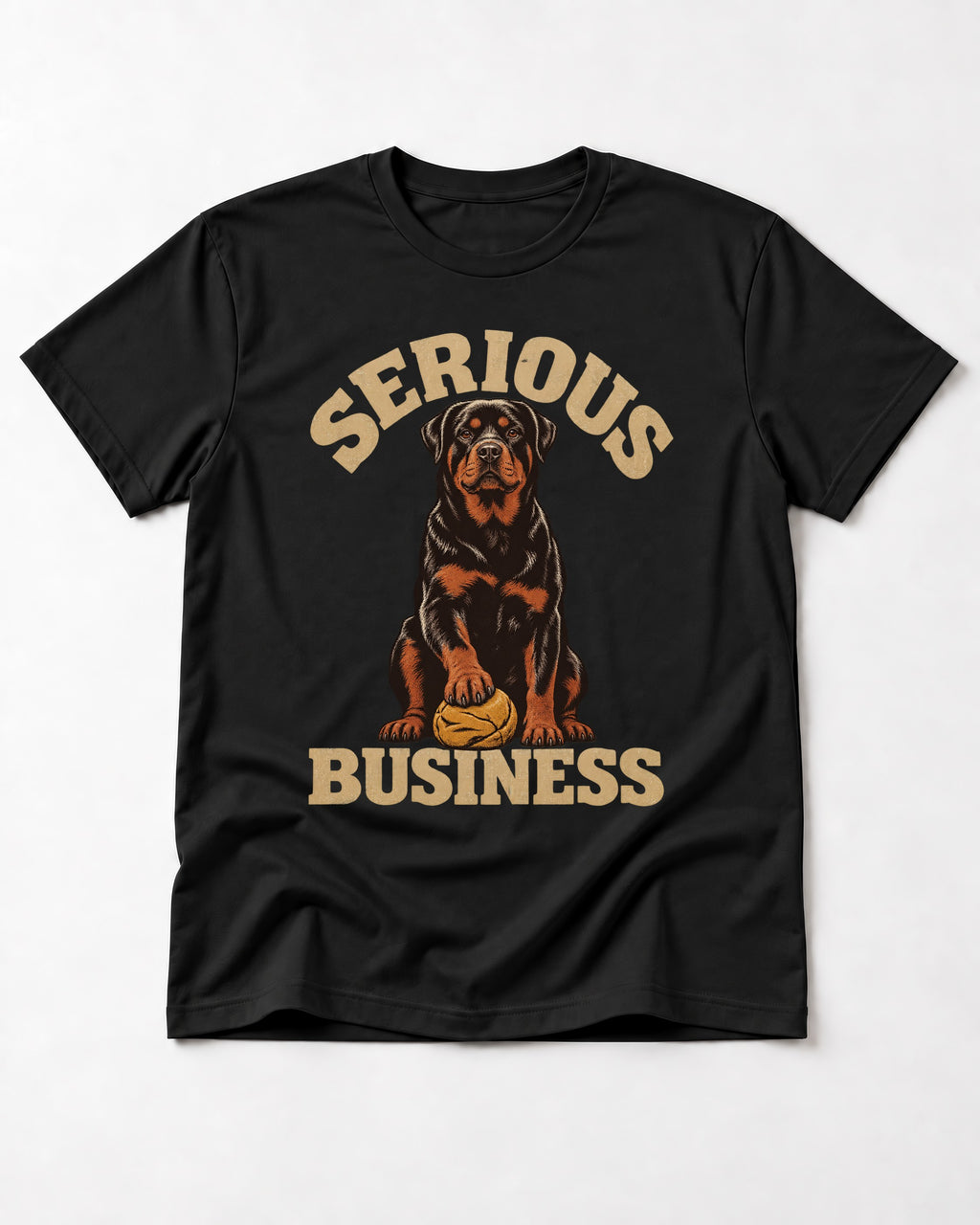 Rottweiler Serious Business Ball Under Paw Graphic T-Shirt in Black, flat lay product photo