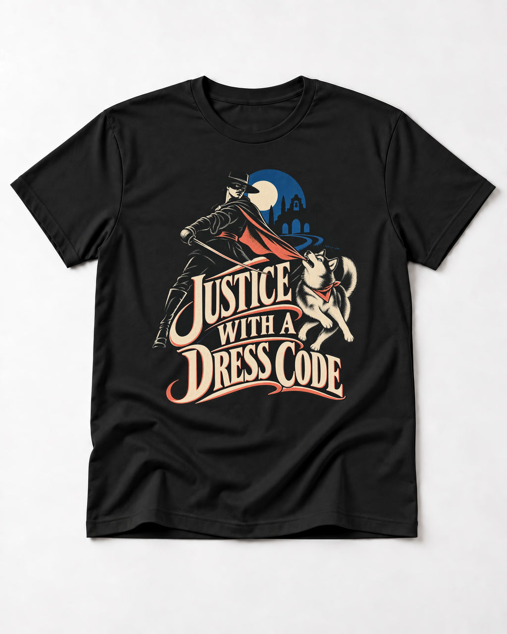 Husky Justice With A Dress Code Masked Swordsman Graphic T-Shirt in Black, flat lay product photo