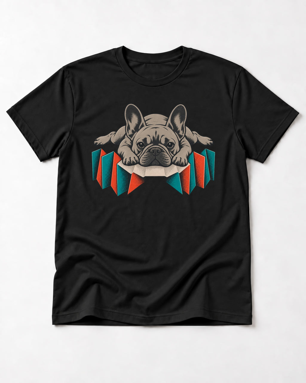 Frenchie Sploot Press Graphic T-Shirt in Black, flat lay product photo