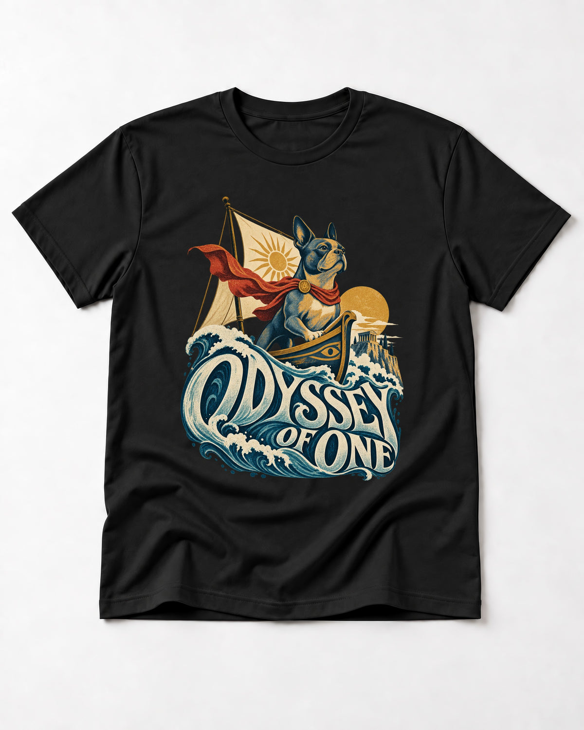 Boston Terrier Odyssey of One T-Shirt in Black, flat lay product photo