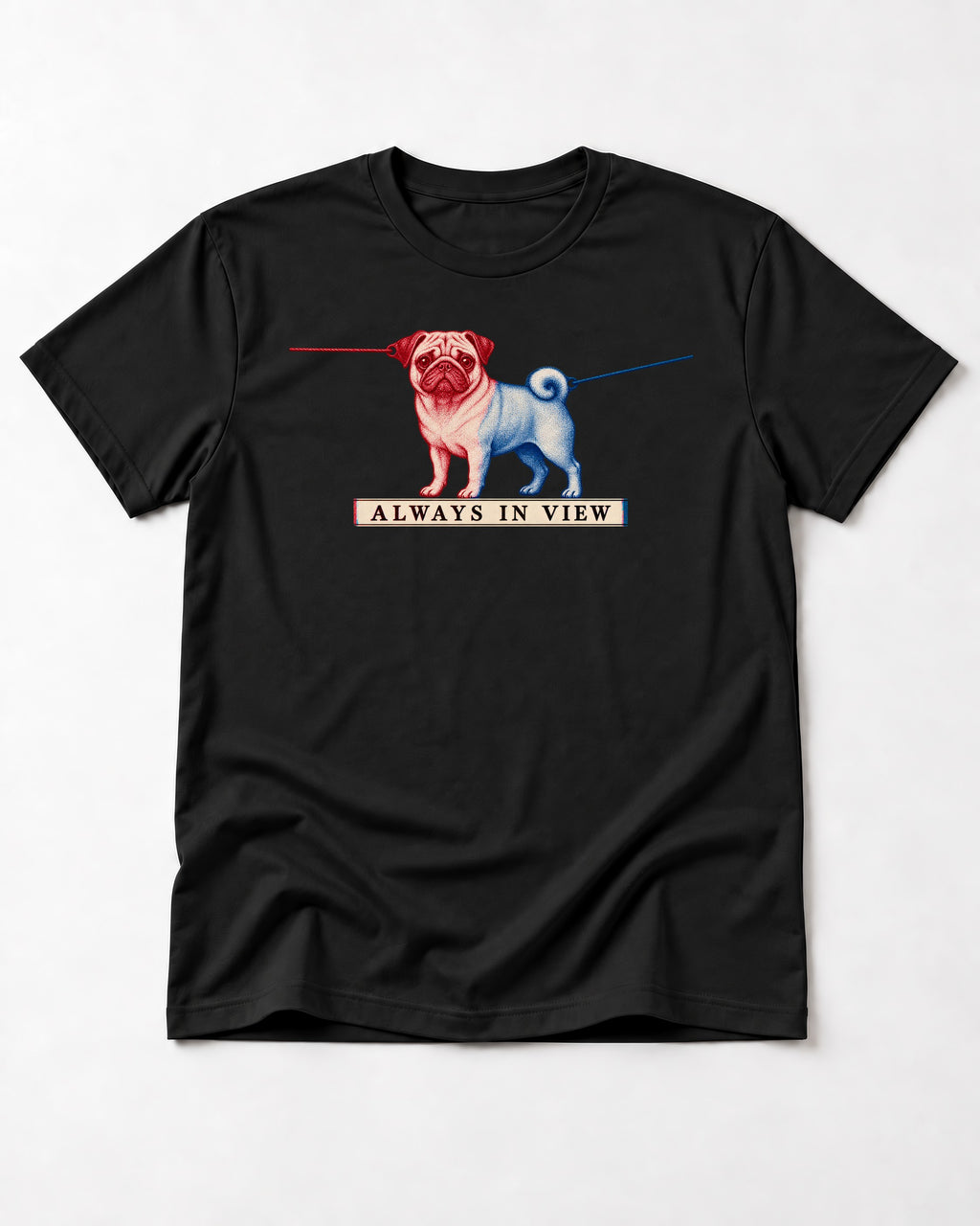 Pug Always in View Split Leash Graphic T-Shirt in Black, flat lay product photo
