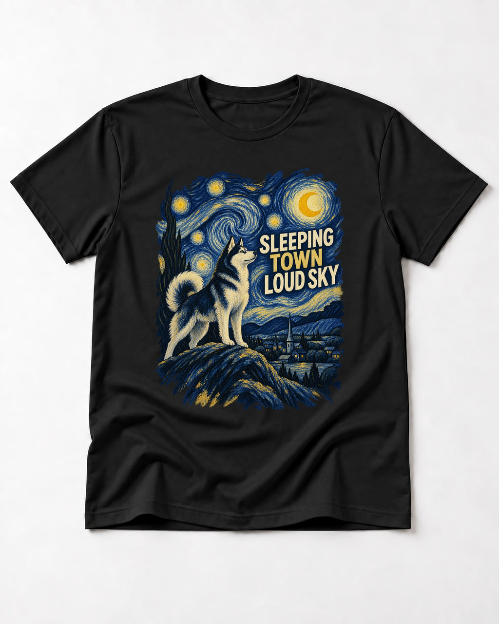 Husky Sleeping Town Loud Sky Starry Night Graphic T-Shirt in Black, flat lay product photo