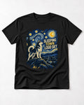 Husky Sleeping Town Loud Sky Starry Night Graphic T-Shirt in Black, flat lay product photo