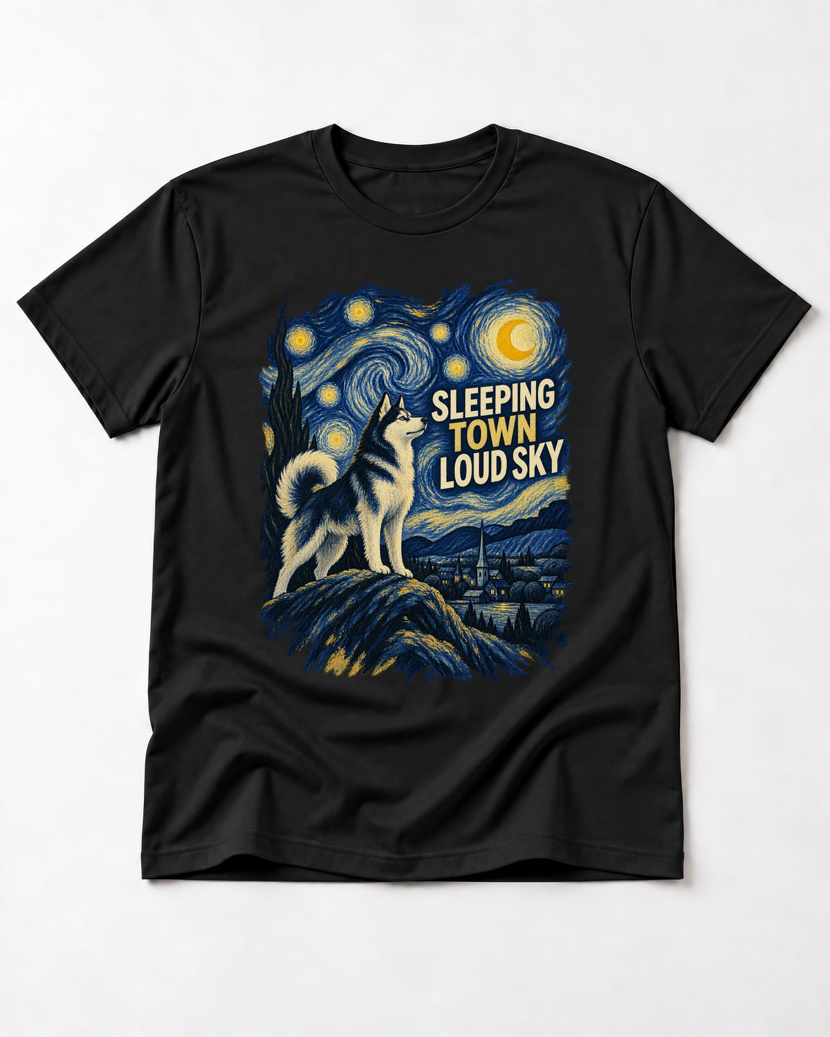 Husky Sleeping Town Loud Sky Starry Night Graphic T-Shirt in Black, flat lay product photo