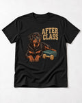 Rottweiler After Class Books and Dumbbell Graphic T-Shirt in Black, flat lay product photo