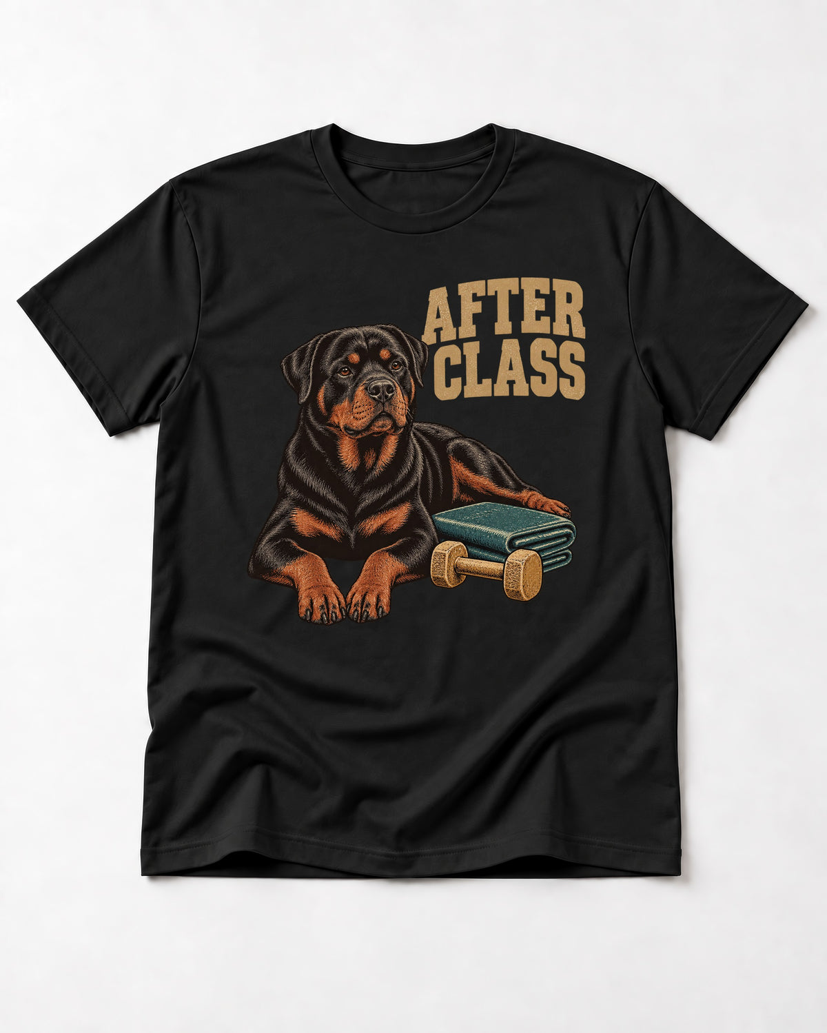 Rottweiler After Class Books and Dumbbell Graphic T-Shirt in Black, flat lay product photo