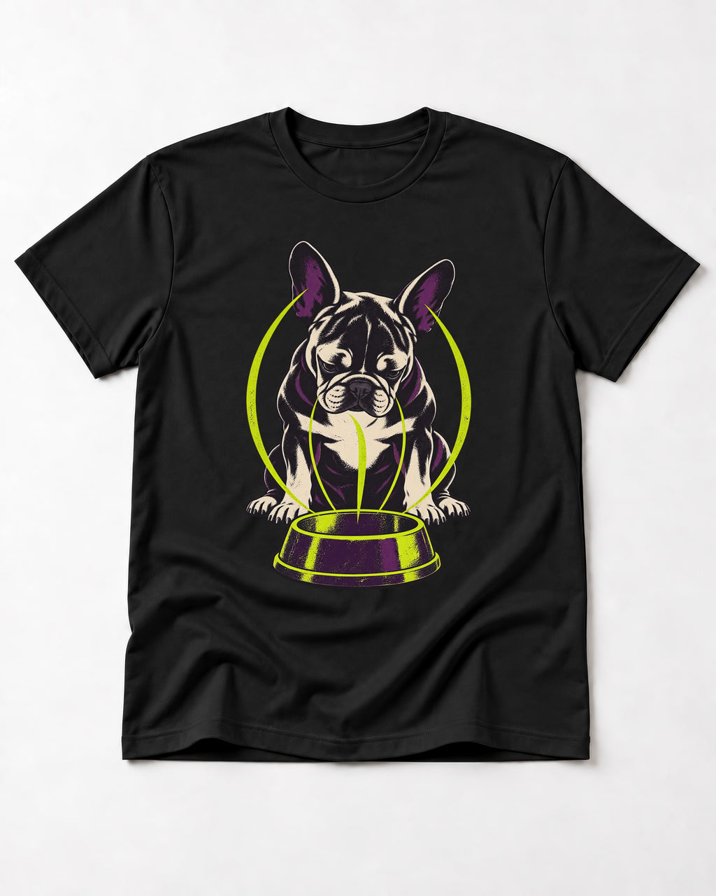 Frenchie Bowl Gravity Graphic T-Shirt in Black, flat lay product photo