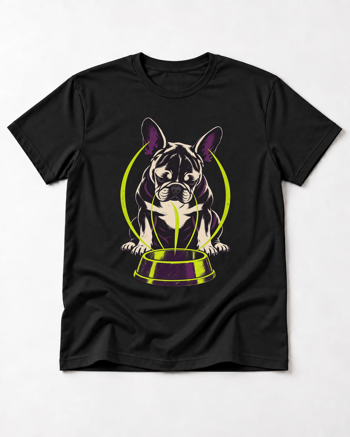 Frenchie Bowl Gravity Graphic T-Shirt in Black, flat lay product photo