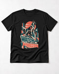 Watch The Horizon Cut Paper Cityscape German Shepherd Dog Graphic T-Shirt in Black, flat lay product photo