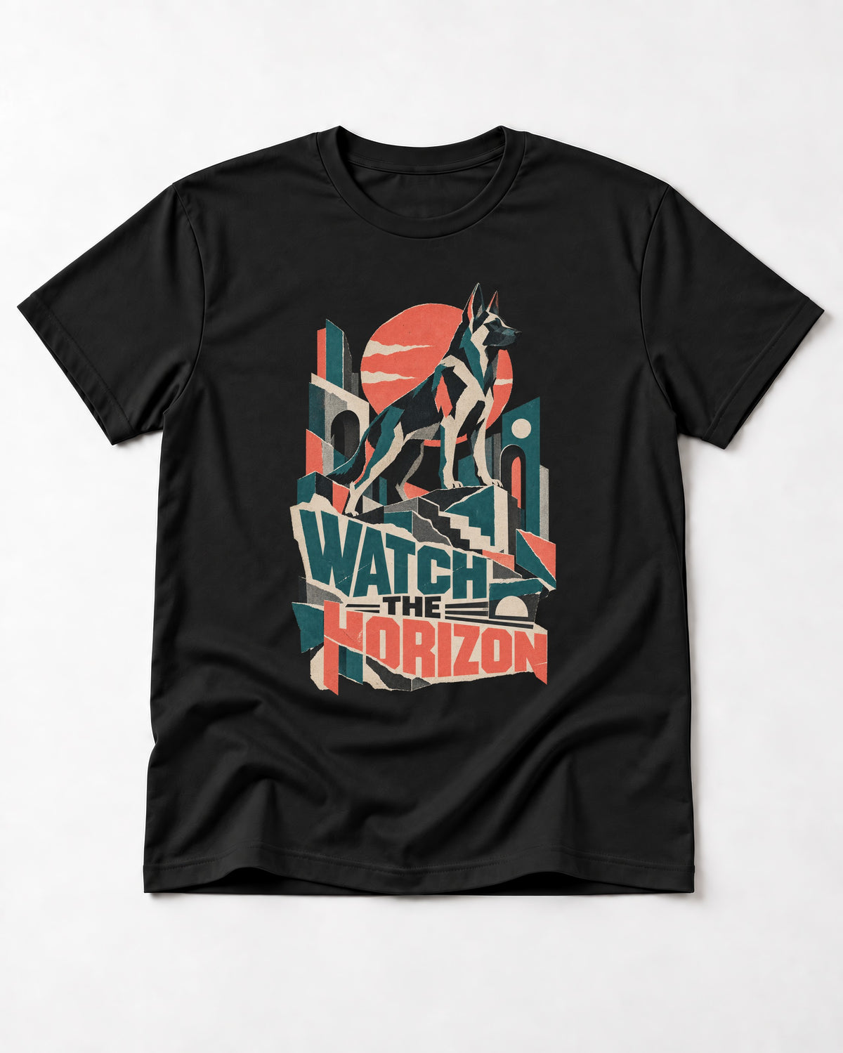 Watch The Horizon Cut Paper Cityscape German Shepherd Dog Graphic T-Shirt in Black, flat lay product photo