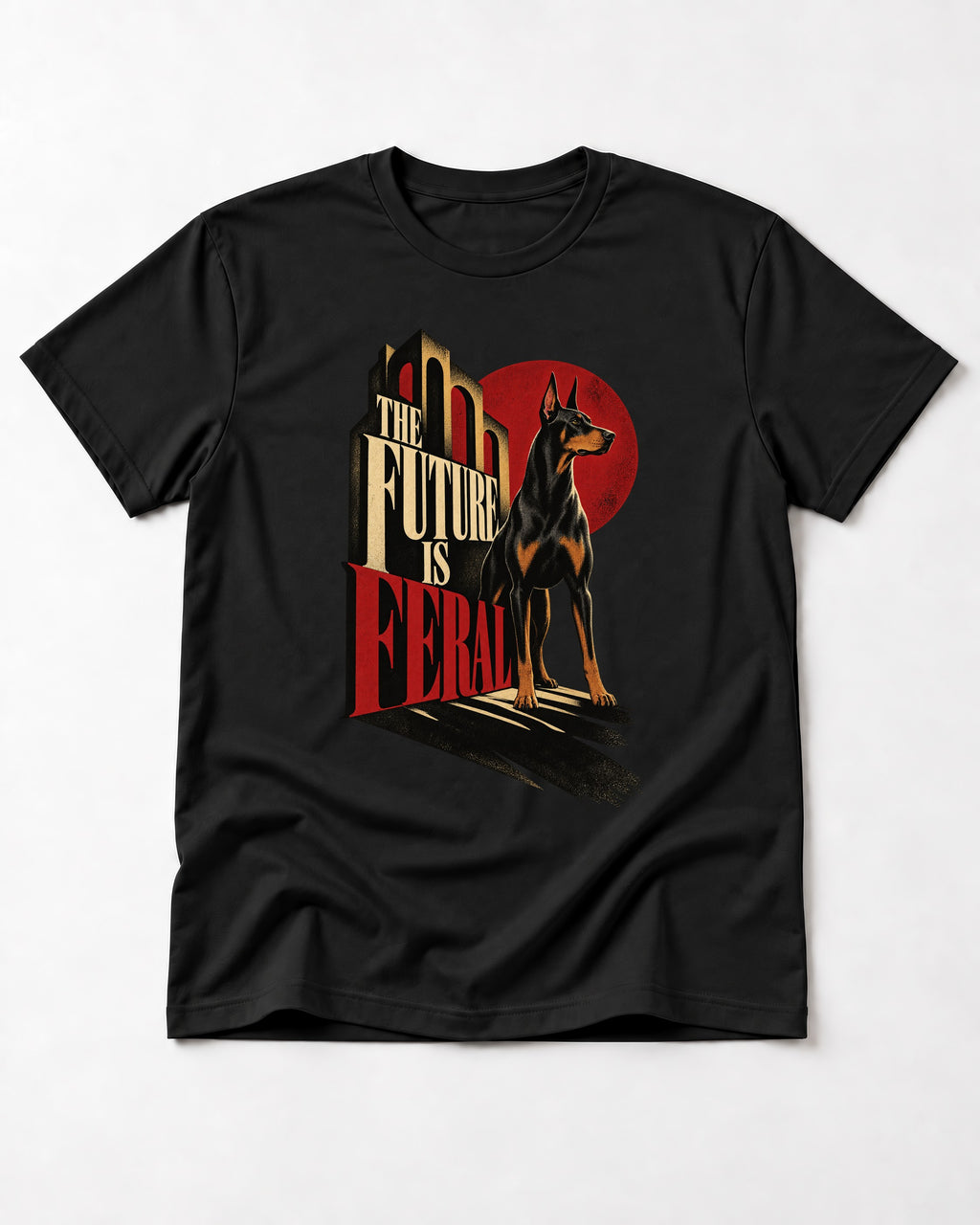 Doberman The Future Is Feral Art Deco Graphic T-Shirt in Black, flat lay product photo