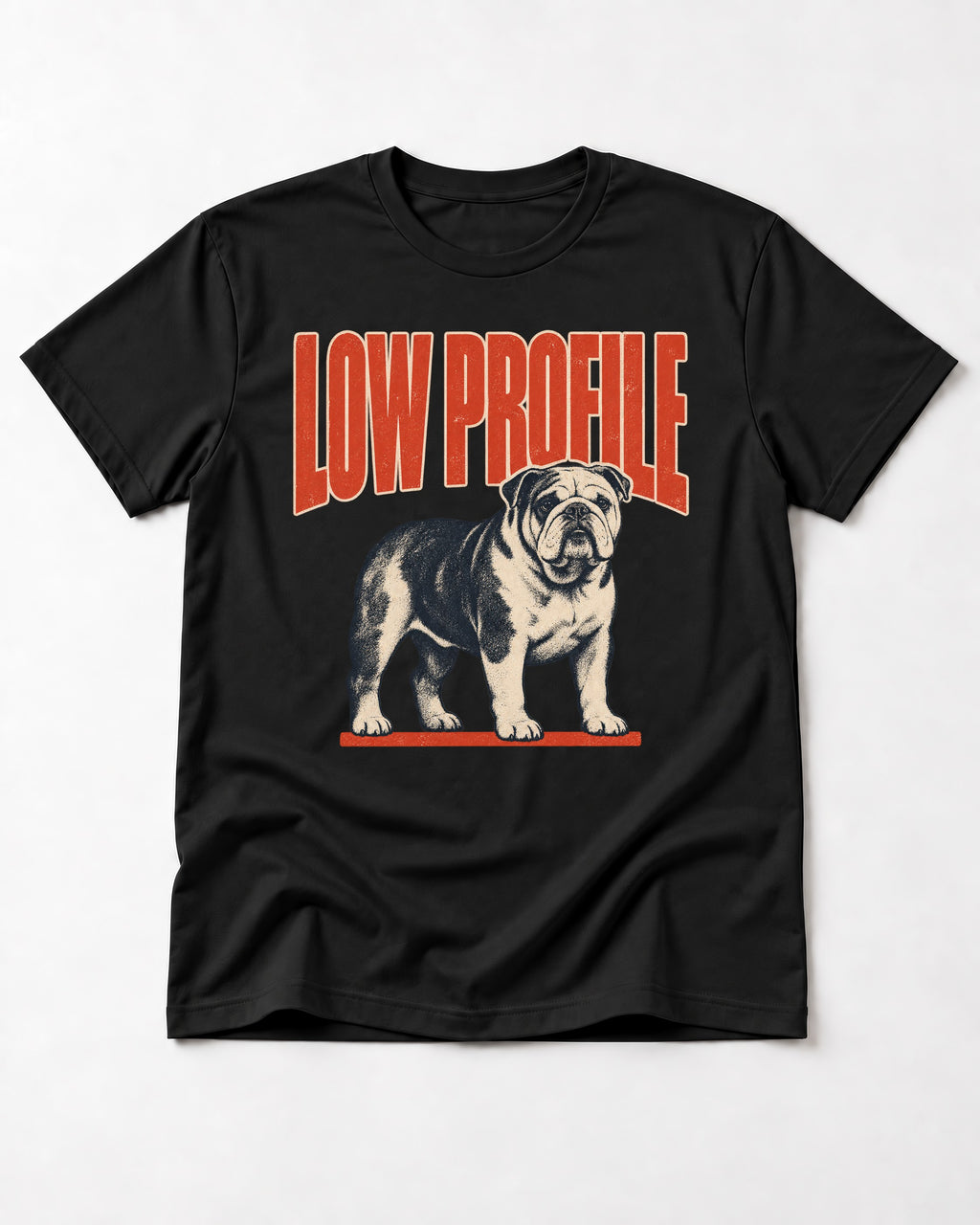 English Bulldog Low Profile Standing Graphic T-Shirt in Black, flat lay product photo