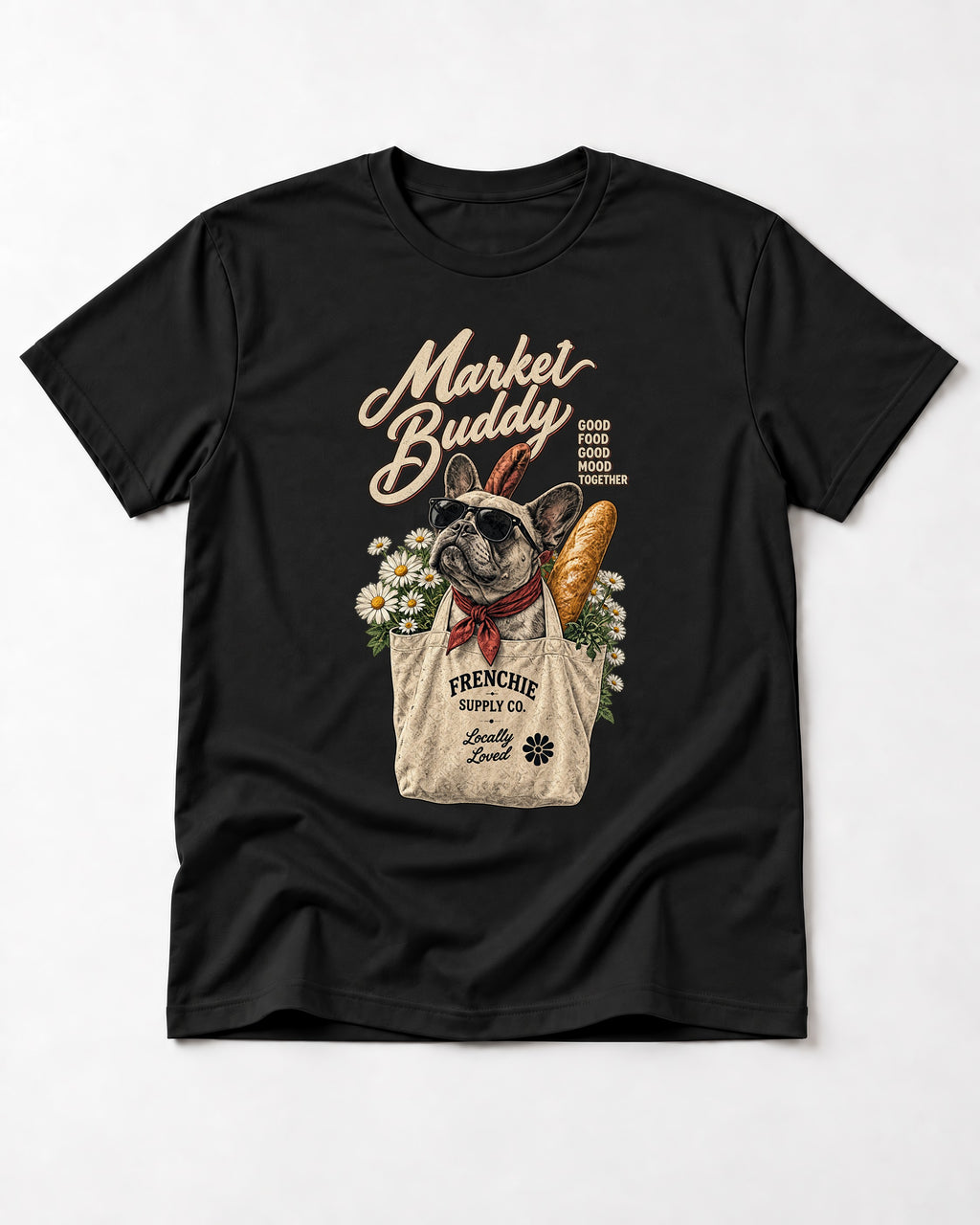 Frenchie Market Buddy Grocery Tote Graphic T-Shirt in Black, flat lay product photo