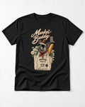 Frenchie Market Buddy Grocery Tote Graphic T-Shirt in Black, flat lay product photo