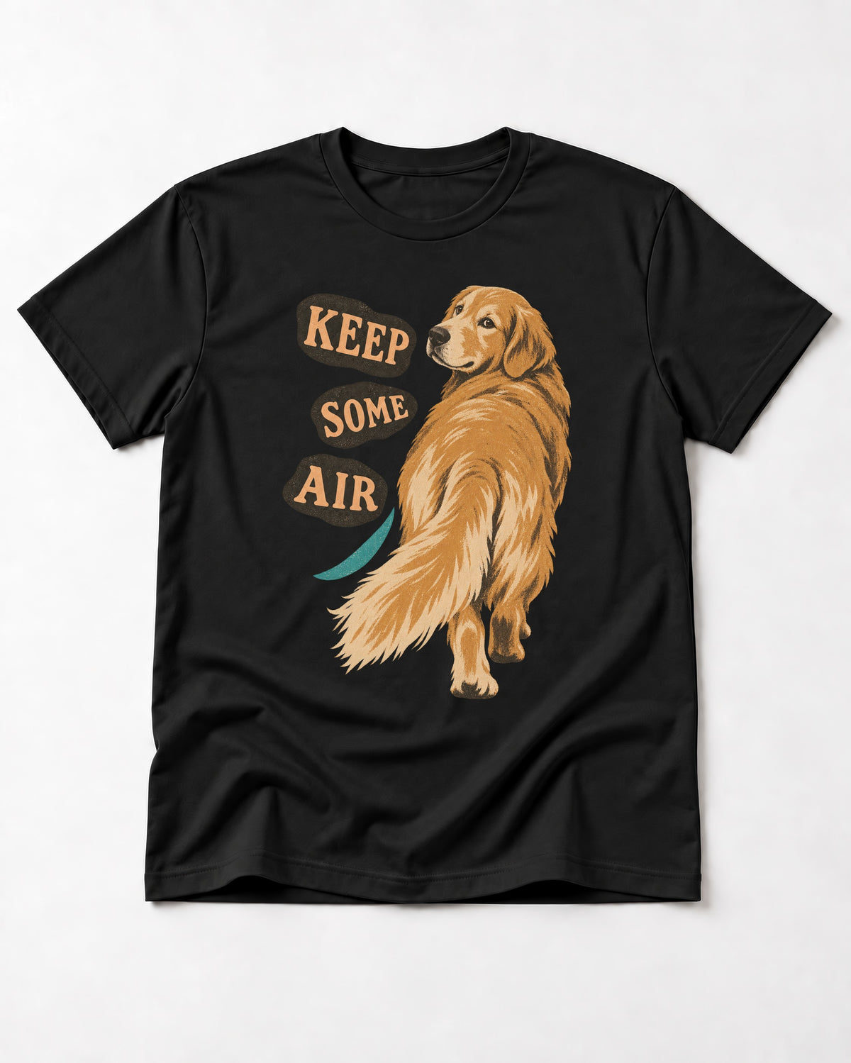 Golden Retriever Keep Some Air Looking Back Graphic T-Shirt in Black, flat lay product photo