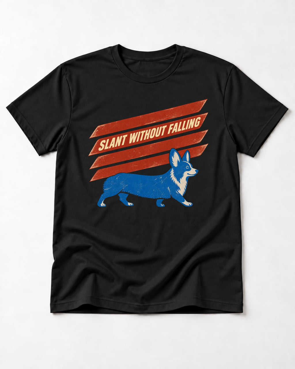 Corgi Slant Without Falling Speed Graphic T-Shirt in Black, flat lay product photo