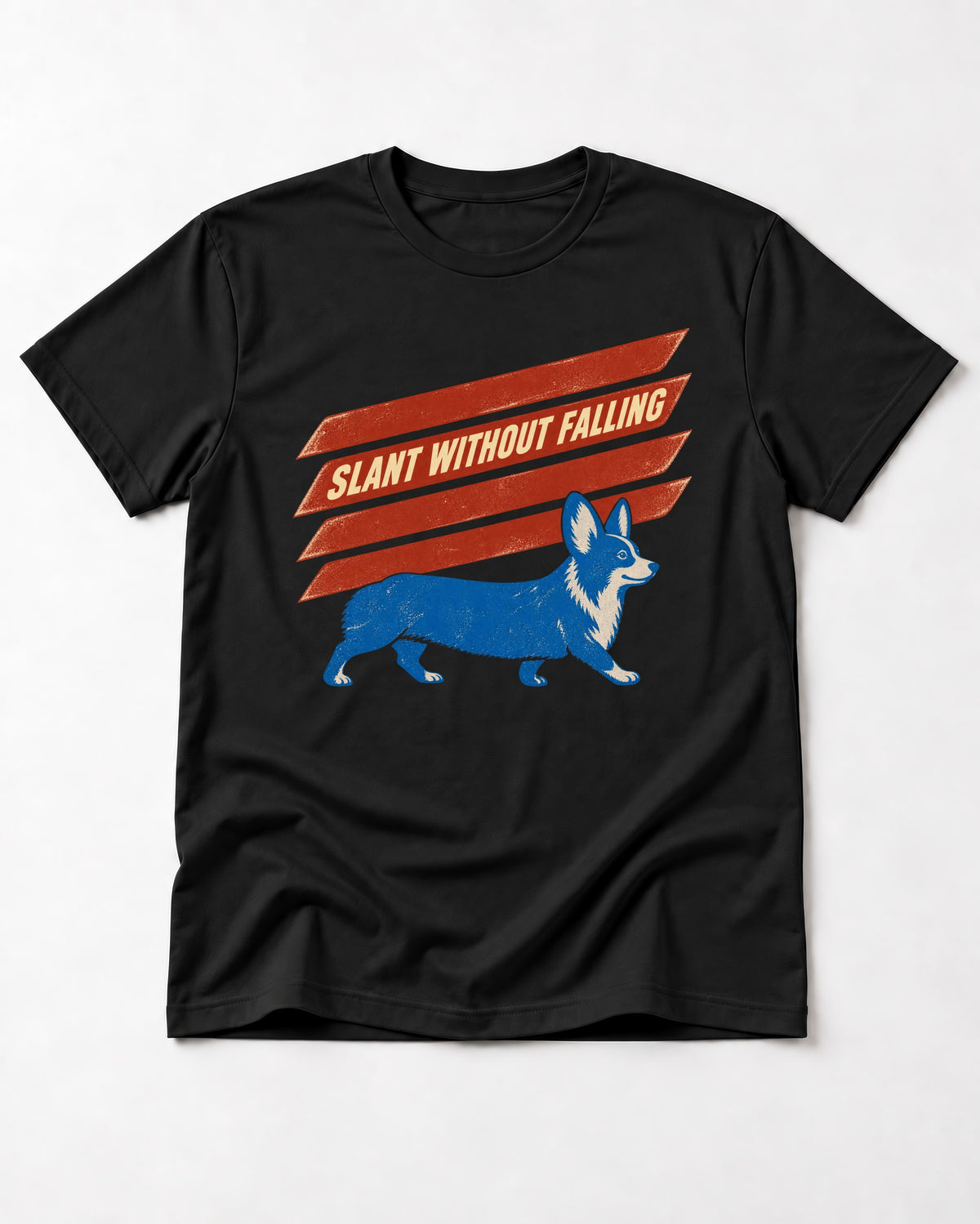 Corgi Slant Without Falling Speed Graphic T-Shirt in Black, flat lay product photo