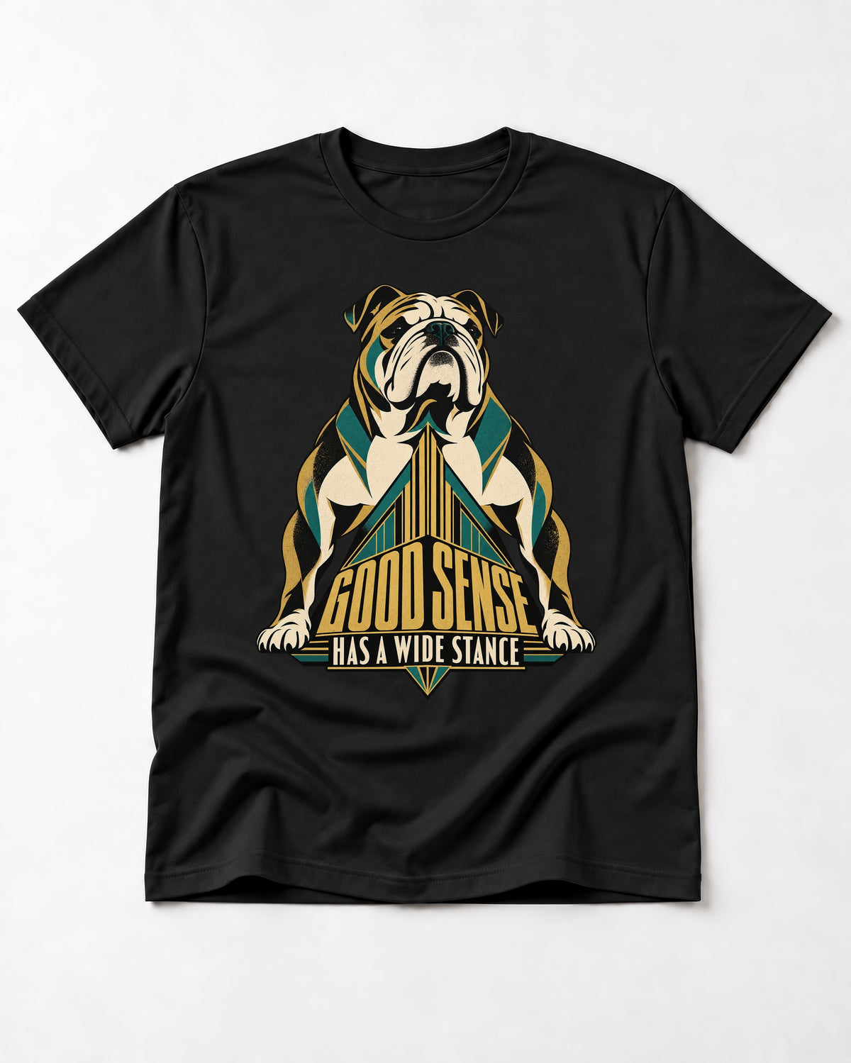 Good Sense Has a Wide Stance English Bulldog Graphic T-Shirt in Black, flat lay product photo