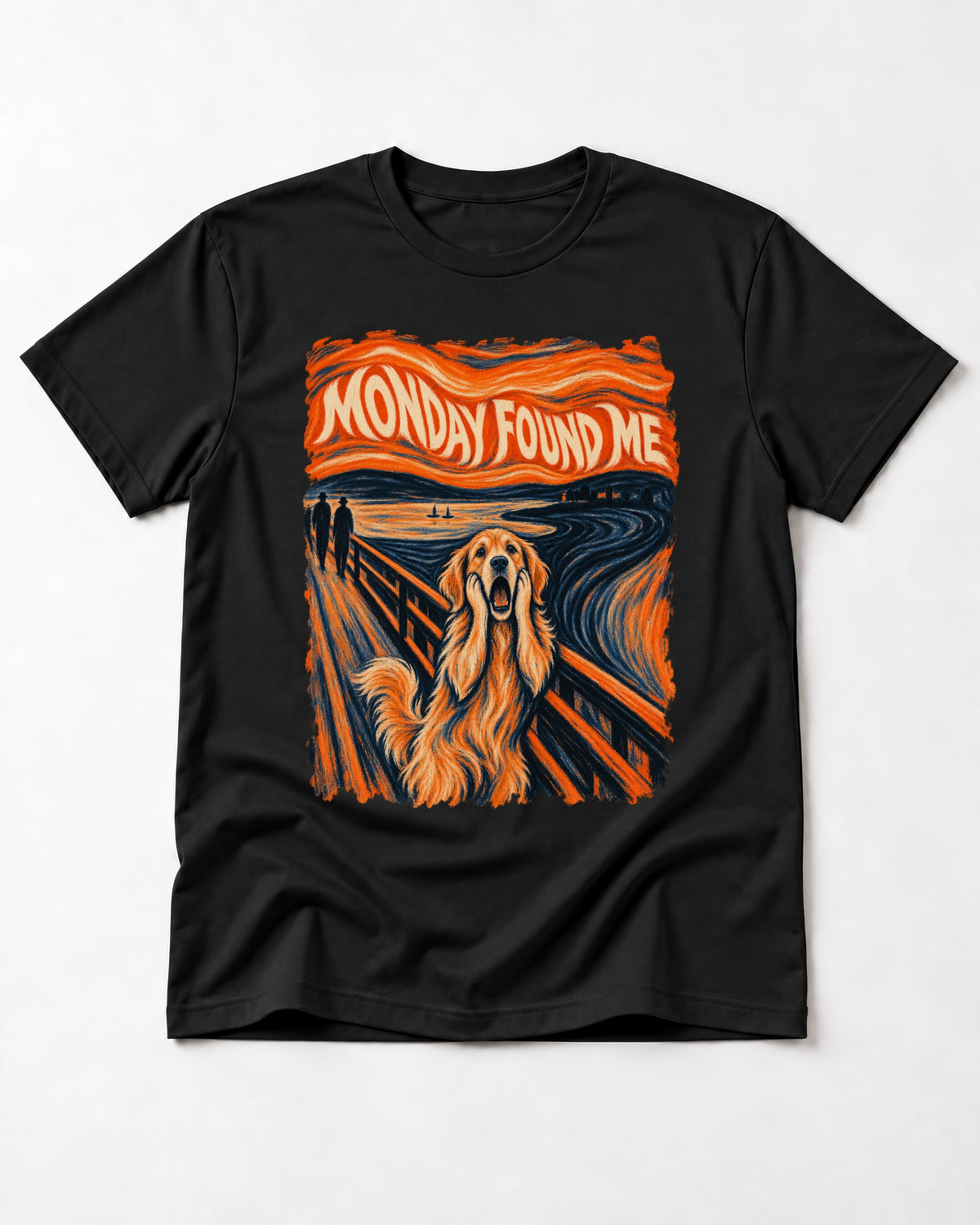 Monday Found Me Scream Golden Retriever Graphic T-Shirt in Black, flat lay product photo