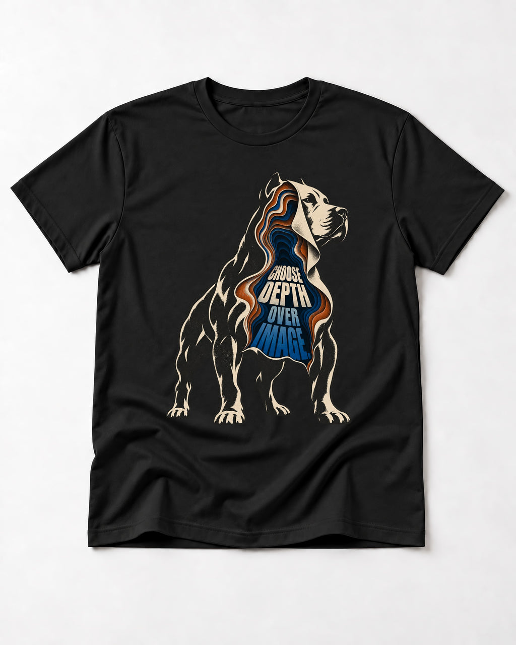 Pitbull Choose Depth Over Image Layered Cutaway Graphic T-Shirt in Black, flat lay product photo