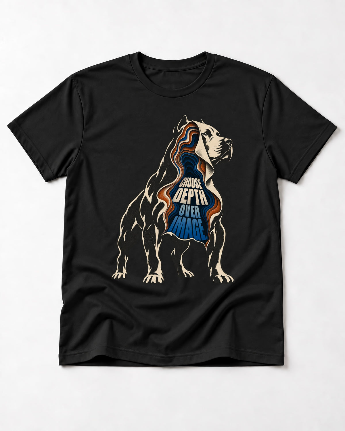 Pitbull Choose Depth Over Image Layered Cutaway Graphic T-Shirt in Black, flat lay product photo