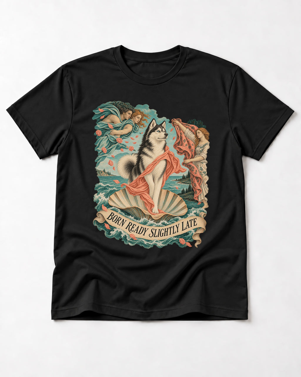Husky Born Ready Slightly Late Renaissance Graphic T-Shirt in Black, flat lay product photo